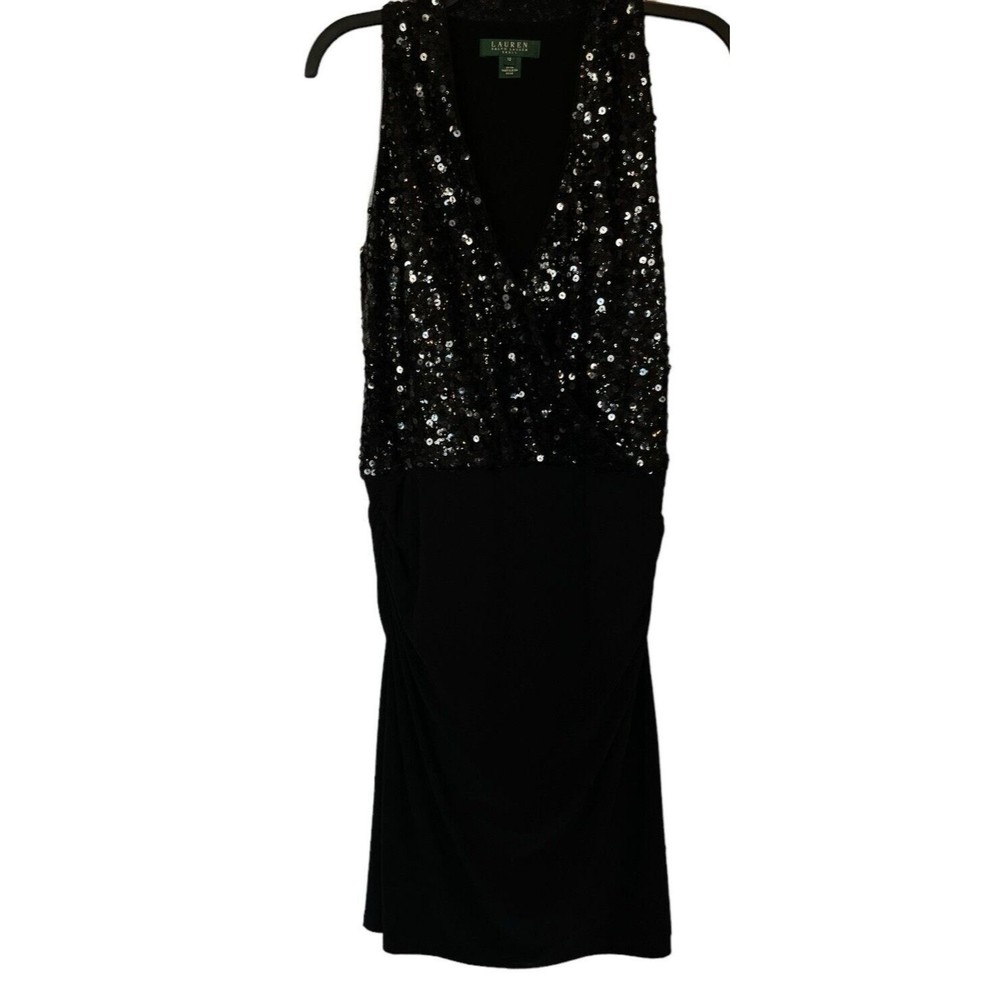 Lauren Ralph Lauren Sequined V Neck Wrap Black Midi Gown Dress Size 10 - Picture 3 of 10